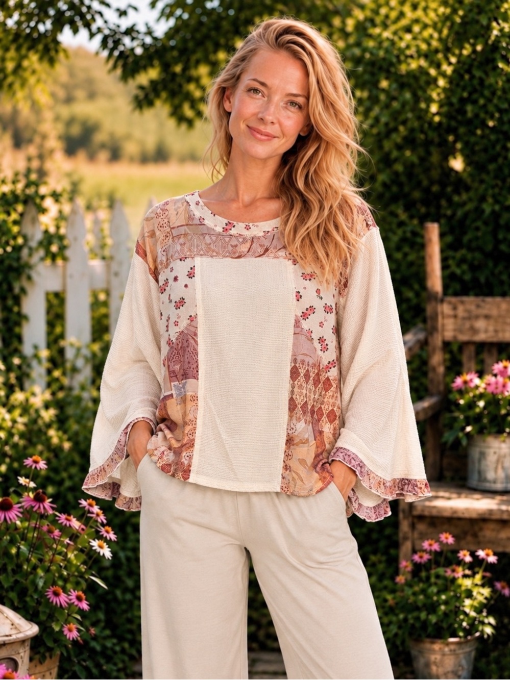 POL Boho Patchwork Floral Bell Sleeve Top Large